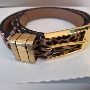 Leopard Print Pony Hair Belt with Gold Buckle 37 inch overall length. 1" Width